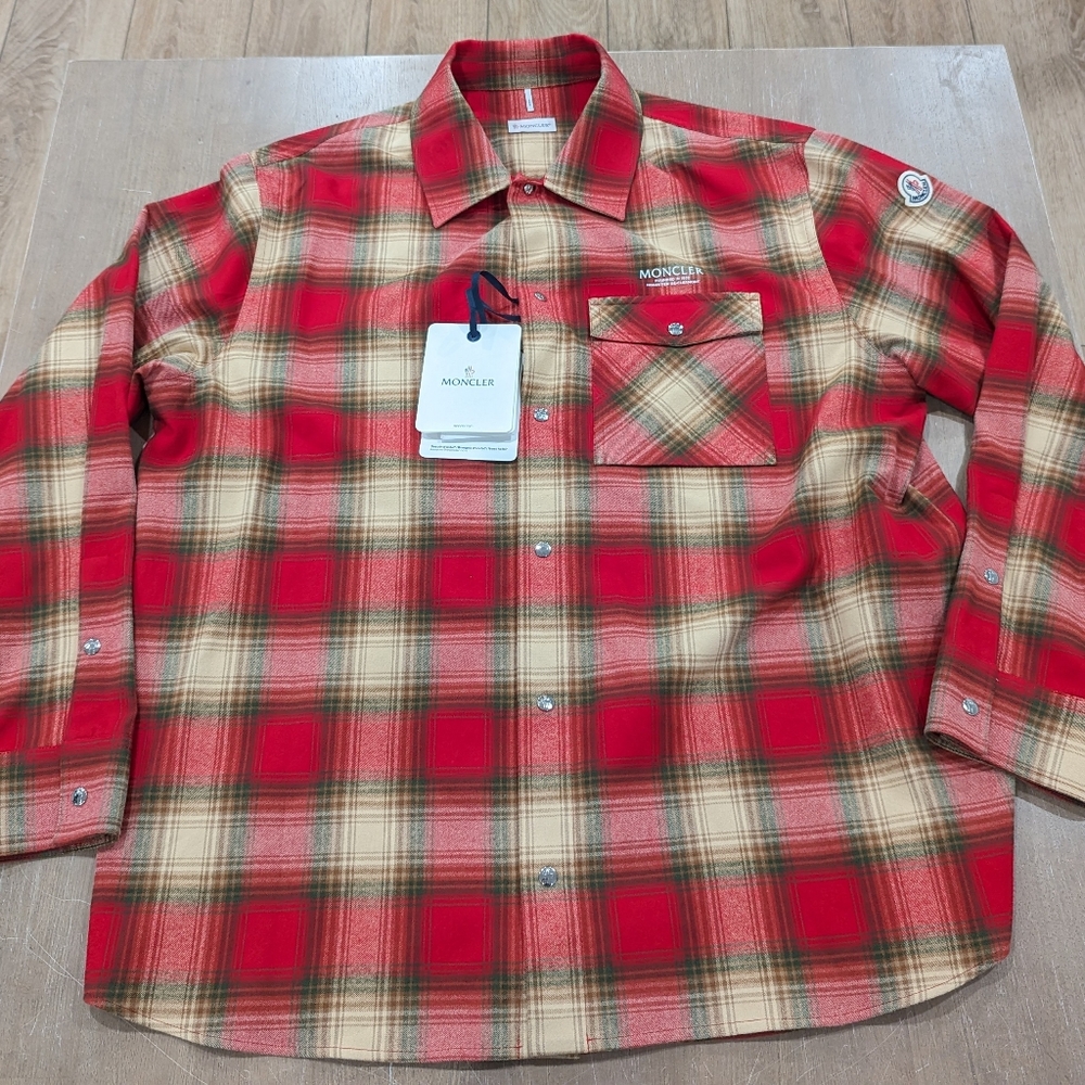 Mens MONCLER Plaid Check LS Button Up Shirt Red/Multi XL just  to big do me